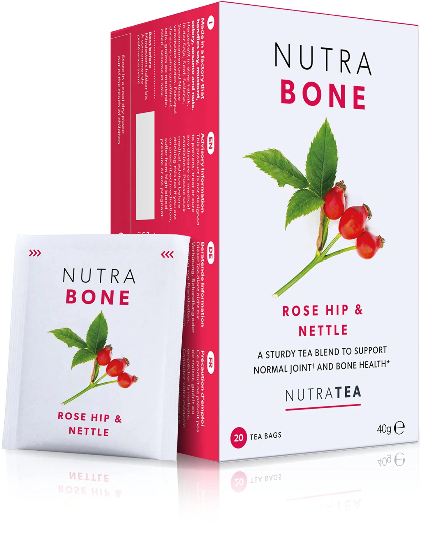 Nutra Tea NUTRABONE - Bone Health Tea – Includes Rose Hip Ginkgo Biloba and Yucca - for Bone Strength and Support - 20 Enveloped Tea Bags Herbal Tea